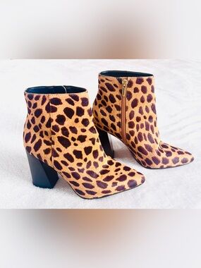 Vince Camuto "Thelmin" Block Heel Ankle Boots, Leopard Print Calf Hair, Size 5